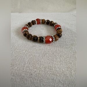 Coral and Brown Beaded Stretch Bracelet